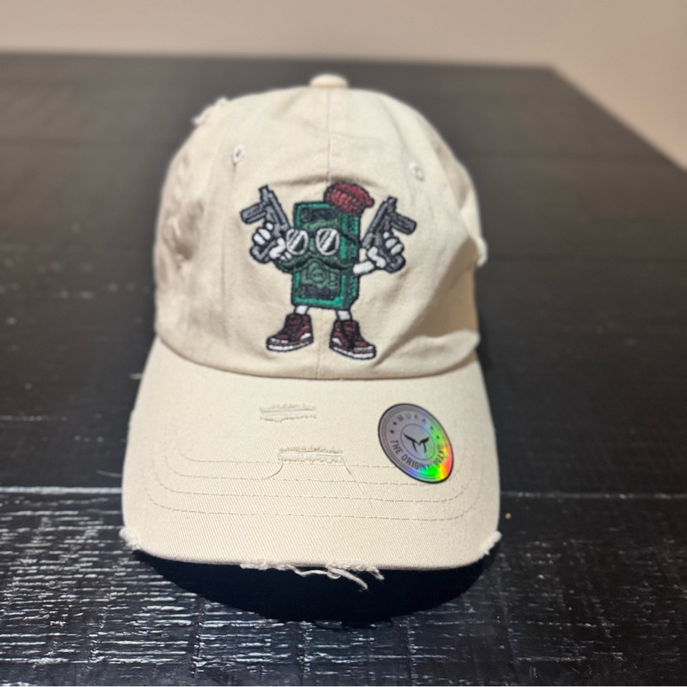 Mu-ka Beige Distressed Dad Hat Cartoon Money Character Embroidery Streetwear Y2K